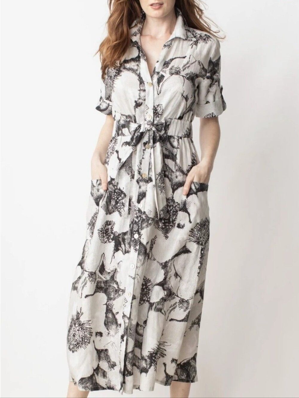 Liv white black gray linen button front chore pockets tie front vacation dress